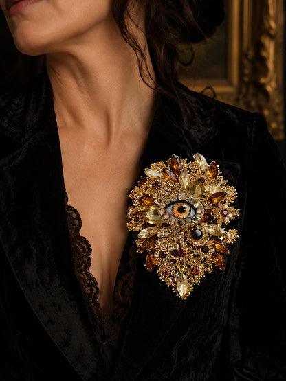 Gothic Eye Brooch, Victorian Assemblage Art, Gold Amber Rhinestone Statement Pin
