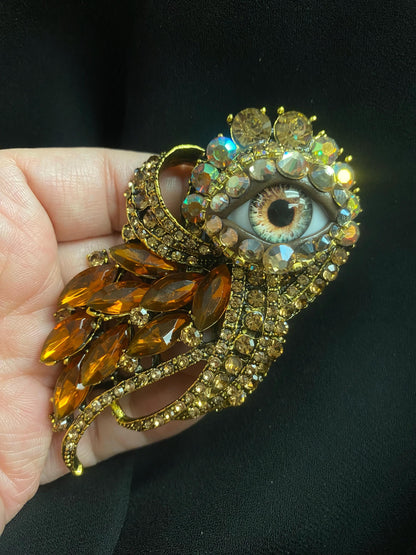 Gothic Eye Brooch, Victorian Amber Rhinestone Statement Jewelry, Assemblage Wearable Art