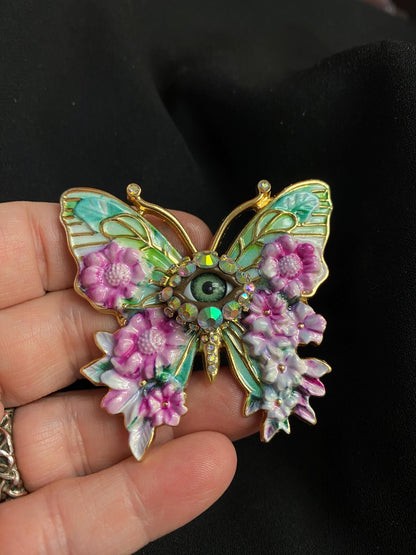 Floral Eye Butterfly Brooch, Dimensional Enamel Pin, Gothic Victorian Jewelry