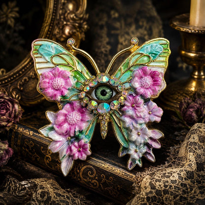 Floral Eye Butterfly Brooch, Dimensional Enamel Pin, Gothic Victorian Jewelry