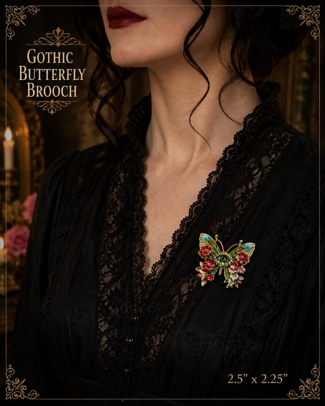 Gothic Butterfly Brooch with Green Eye, Enamel Flowers & Iridescent Rhinestones