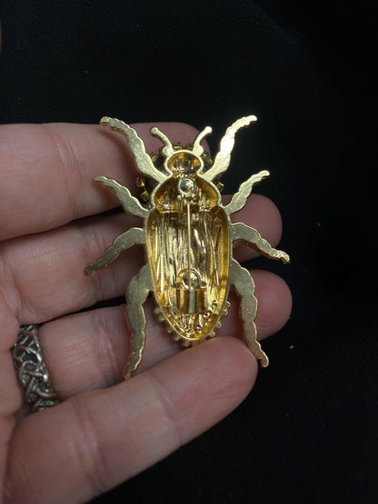 Blue Willow Beetle Brooch with Green Eye, Porcelain Style Enamel & Rhinestones