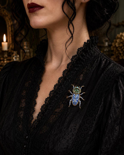 Blue Willow Beetle Brooch with Green Eye, Porcelain Style Enamel & Rhinestones