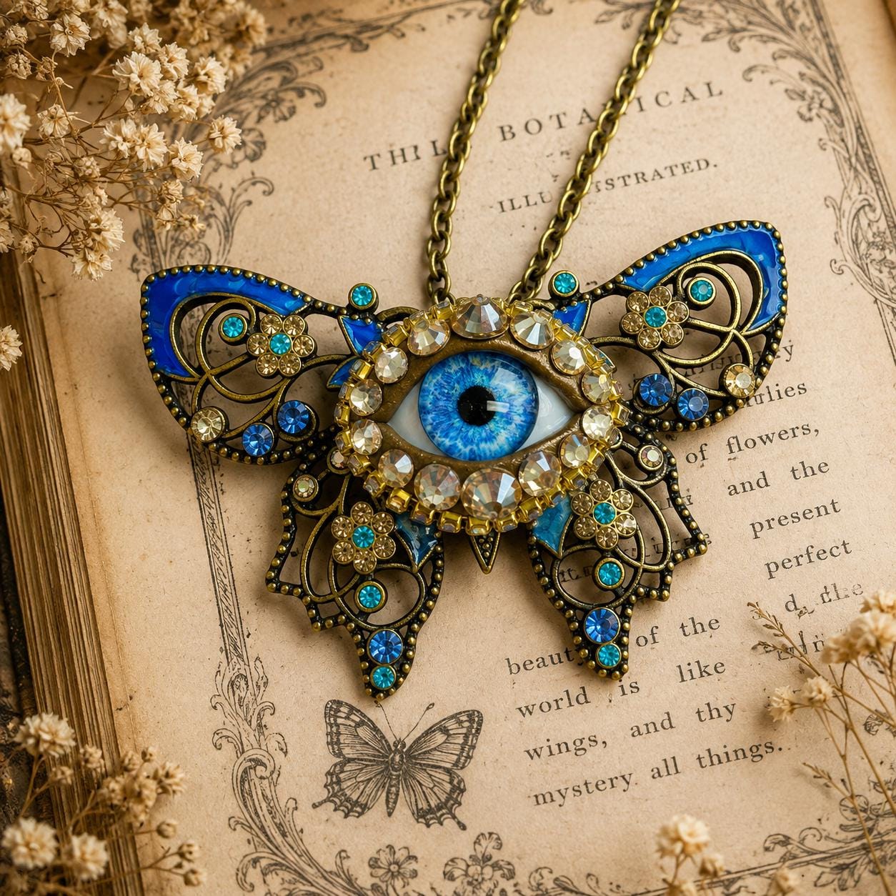 Blue Evil Eye Butterfly Necklace, Gothic Statement Pendant, Victorian Fantasy Jewelry