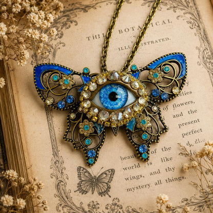 Blue Evil Eye Butterfly Necklace, Gothic Statement Pendant, Victorian Fantasy Jewelry