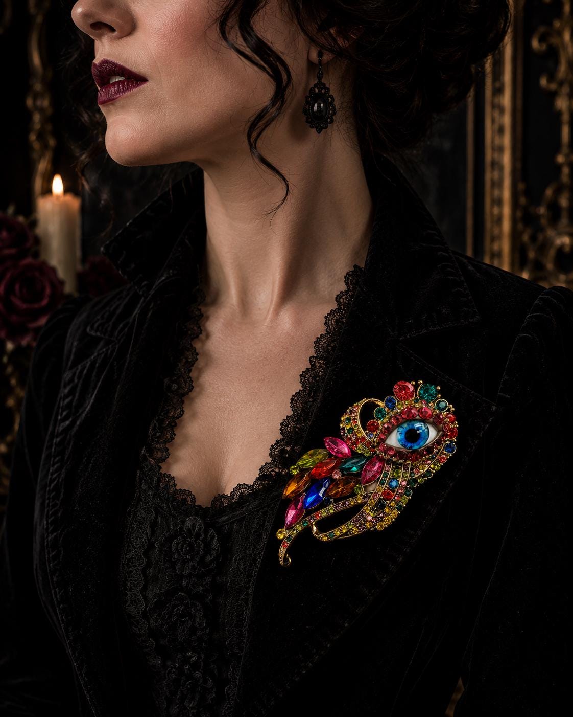 Rainbow Evil Eye Brooch, Gothic Fantasy Statement Pin, Colorful Jewel Art