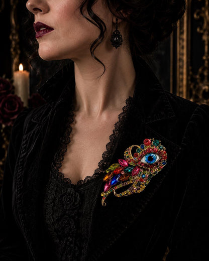 Rainbow Evil Eye Brooch, Gothic Fantasy Statement Pin, Colorful Jewel Art