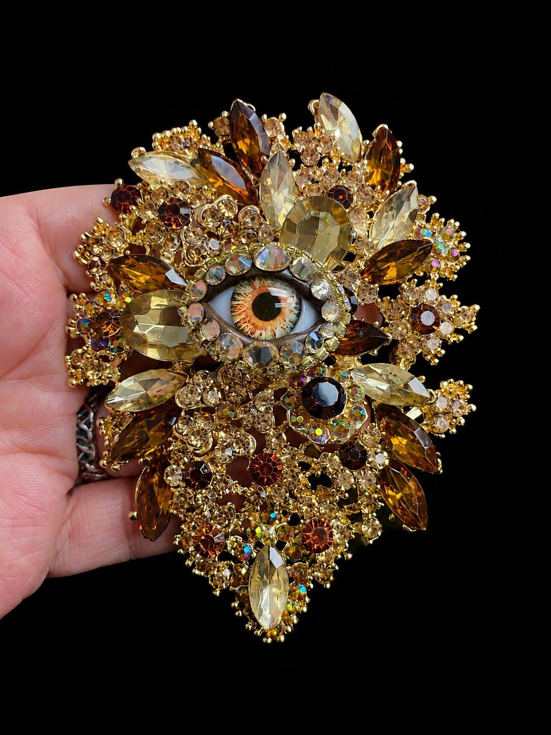 Gothic Eye Brooch, Victorian Assemblage Art, Gold Amber Rhinestone Statement Pin