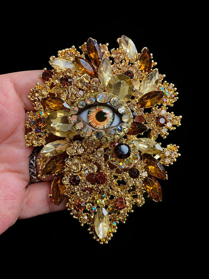 Gothic Eye Brooch, Victorian Assemblage Art, Gold Amber Rhinestone Statement Pin