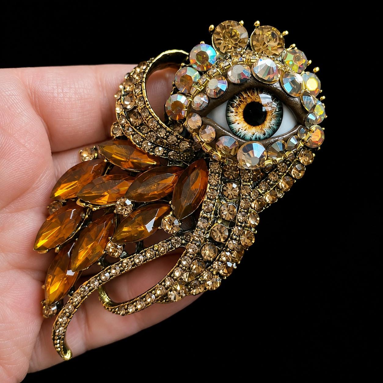 Gothic Eye Brooch, Victorian Amber Rhinestone Statement Jewelry, Assemblage Wearable Art