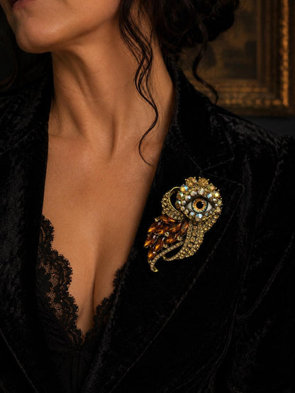 Gothic Eye Brooch, Victorian Amber Rhinestone Statement Jewelry, Assemblage Wearable Art