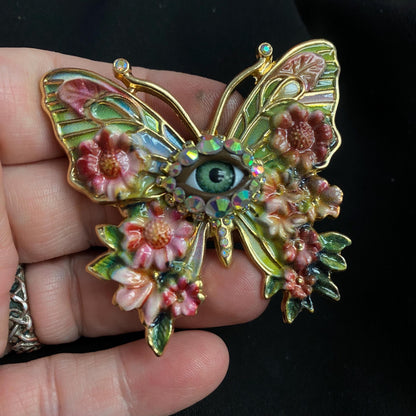Floral Eye Butterfly Brooch, Victorian Enamel Pin, Gothic Botanical Wearable Art