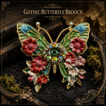 Gothic Butterfly Brooch with Green Eye, Enamel Flowers & Iridescent Rhinestones