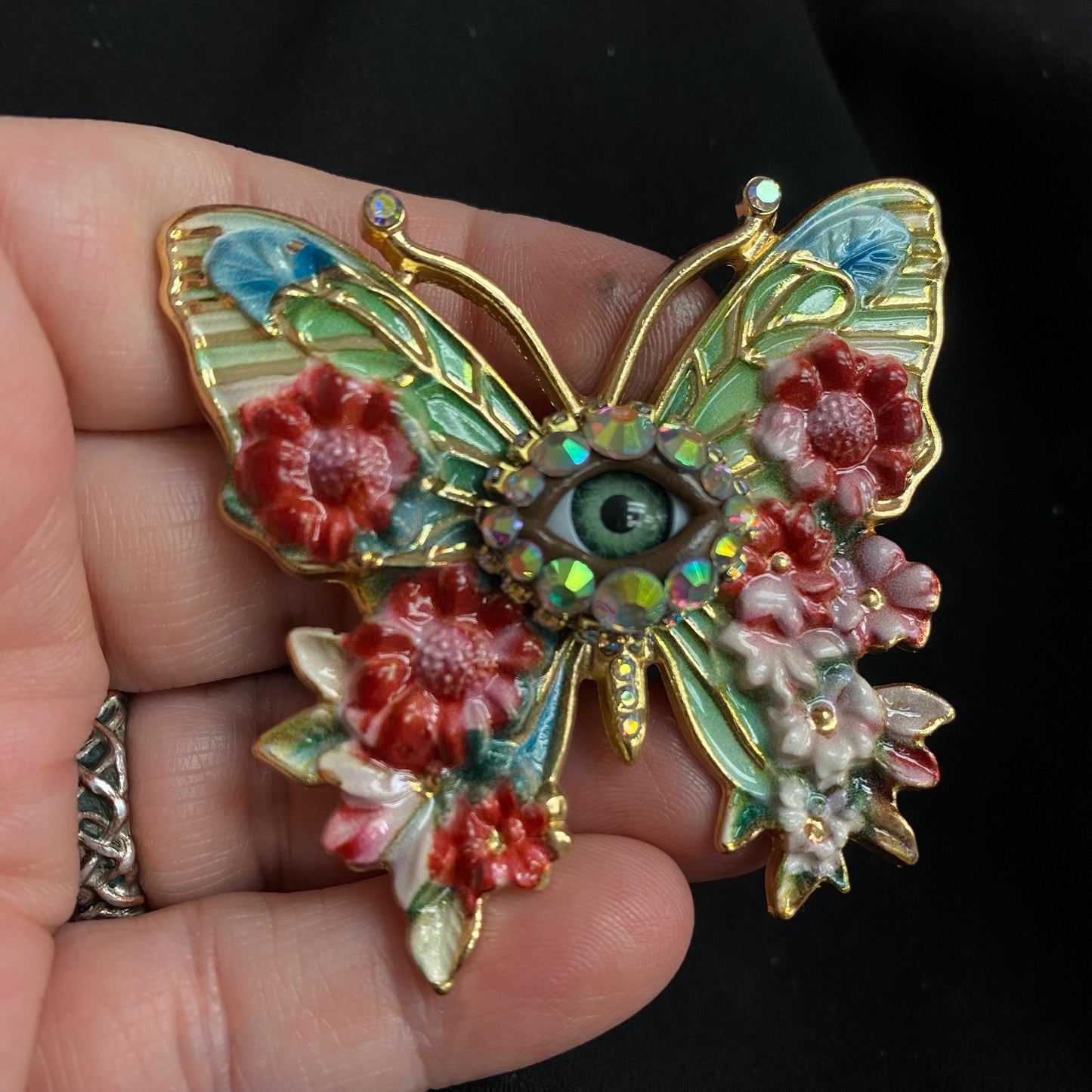 Gothic Butterfly Brooch with Green Eye, Enamel Flowers & Iridescent Rhinestones