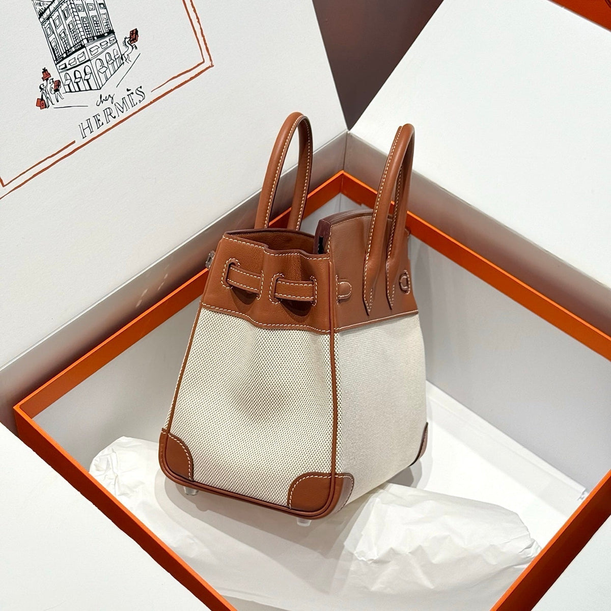HM Birkin 25cm Golden Brown Swift Cowhide With Beige Canvas Fabric Shw 249989