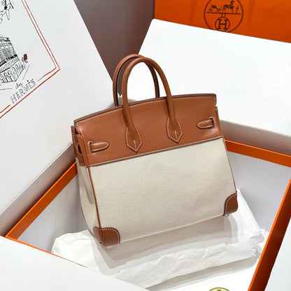 HM Birkin 25cm Golden Brown Swift Cowhide With Beige Canvas Fabric Shw 249989