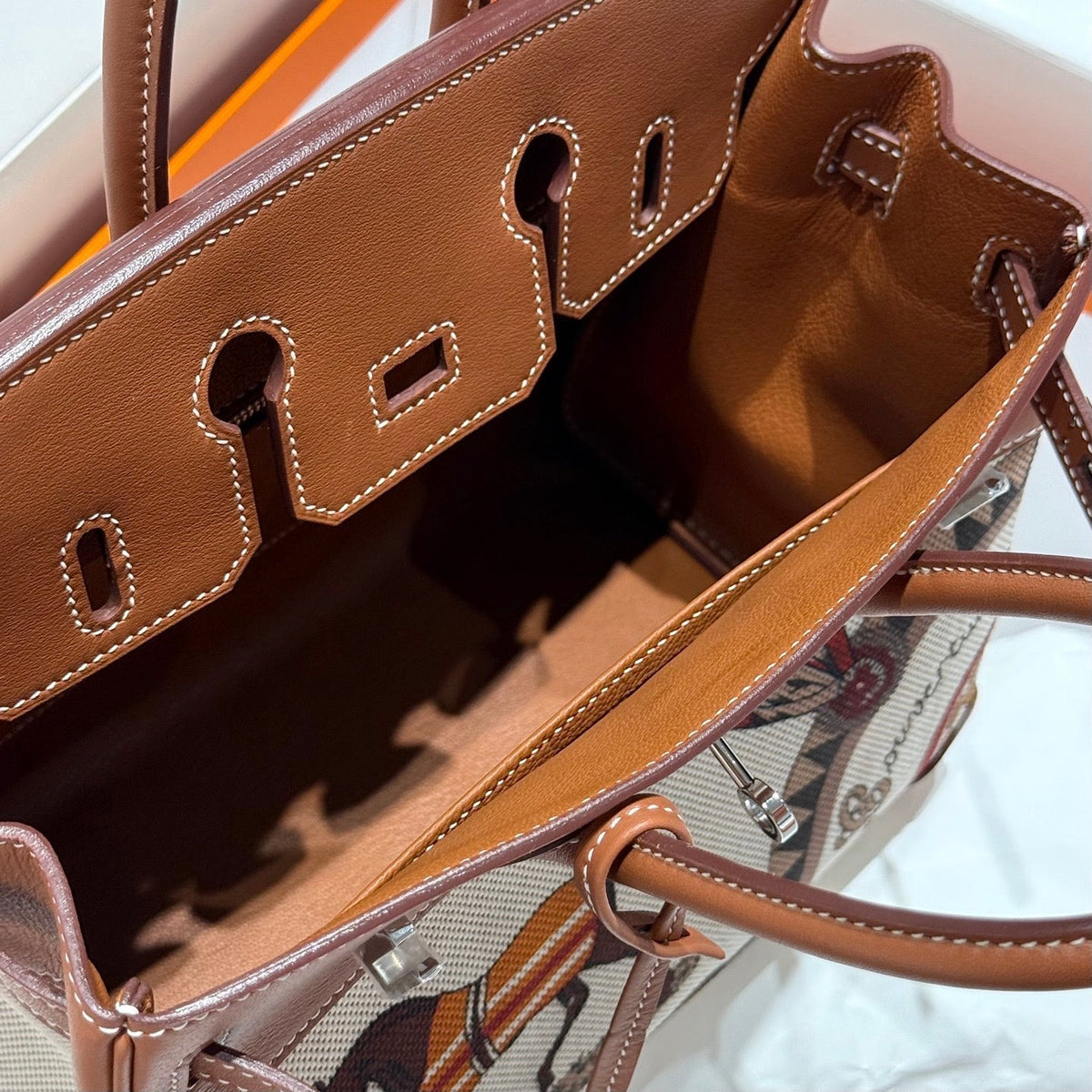 HM Birkin 25cm Golden Brown Swift Cowhide With Horse Totem Beige Canvas Fabric Shw 249990