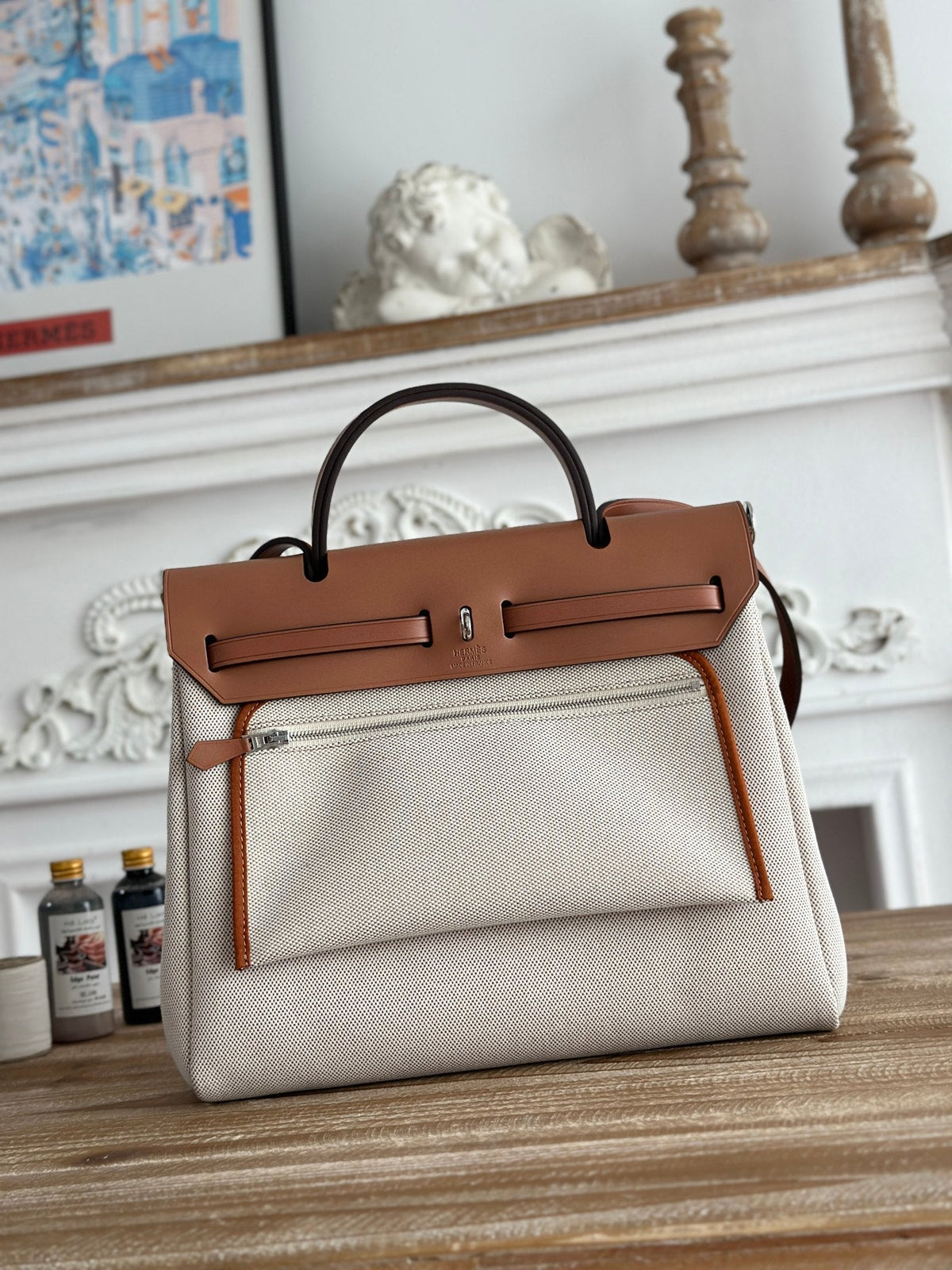 HERBAG ZIP 31 LAQUERED BAG IN OFF-WHITE MIX RED H PLUME CANVAS