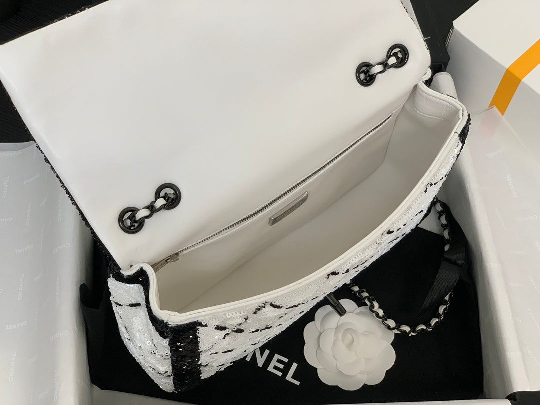 CC 2025 Flap Bag Black White Sequin 298964