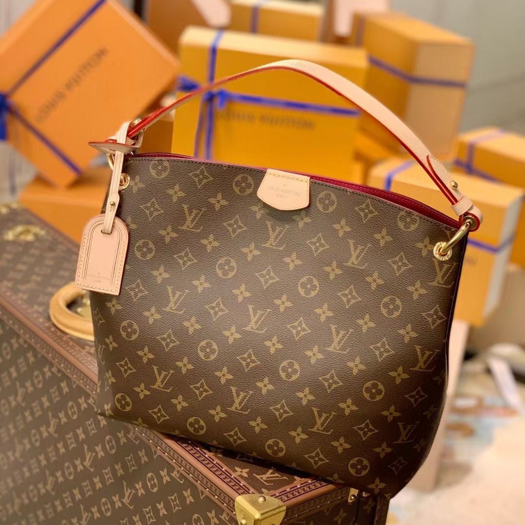 GRACEFUL MM BAG 35 IN BROWN MONOGRAM COATED CANVAS BEIGE CALFSKIN