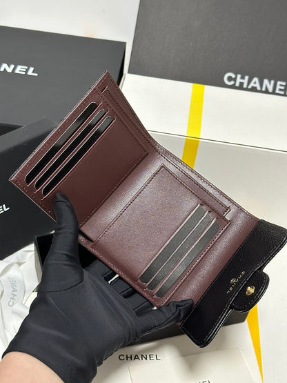 CC CClassic Small Flap Wallet Black Quilted Caviar Gold Buckle 243686