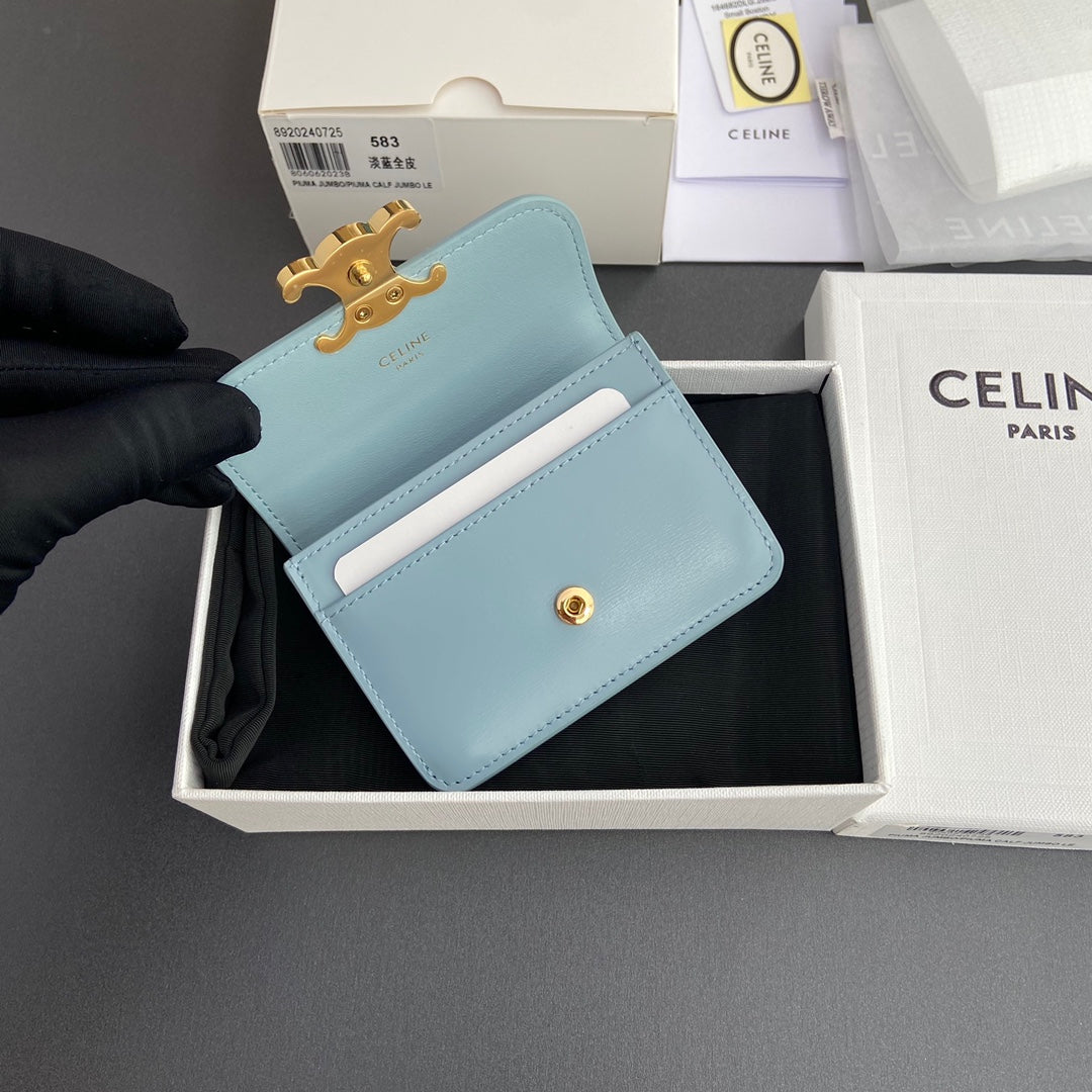 TRIOMPHE 10i583 Flap Card Holder Blue Shiny Cowhide
