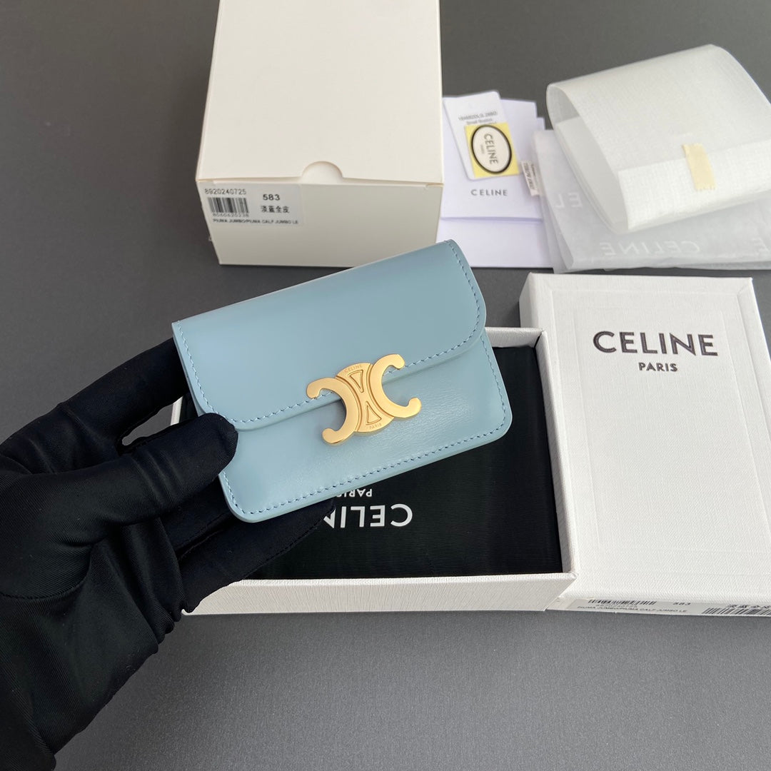 TRIOMPHE 10i583 Flap Card Holder Blue Shiny Cowhide