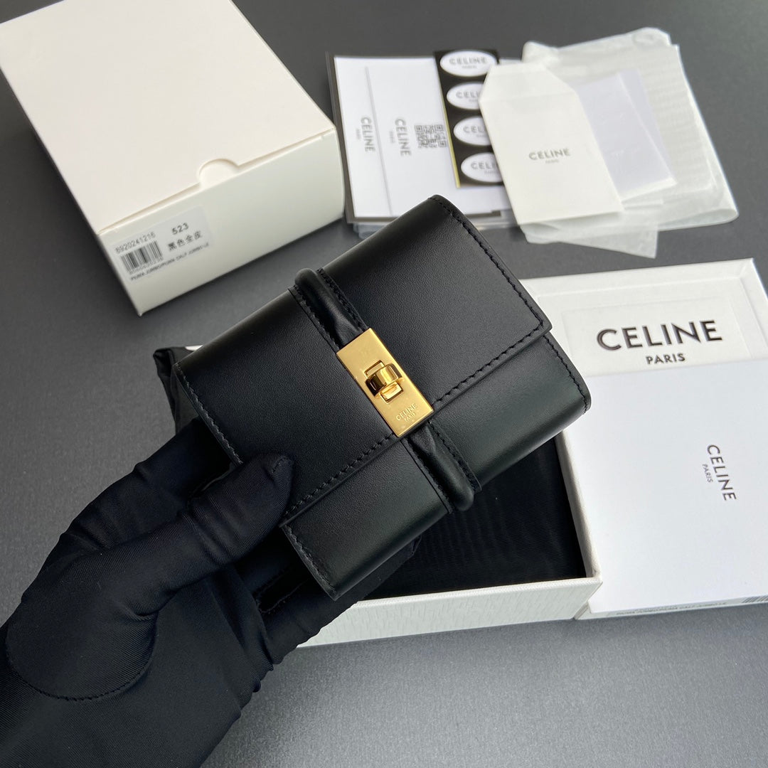 TRIOMPHE 16 Small Trifold Wallet Black Cowhide Leather