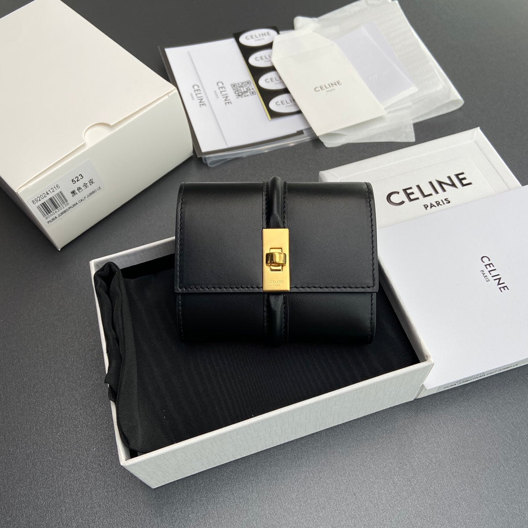 TRIOMPHE 16 Small Trifold Wallet Black Cowhide Leather