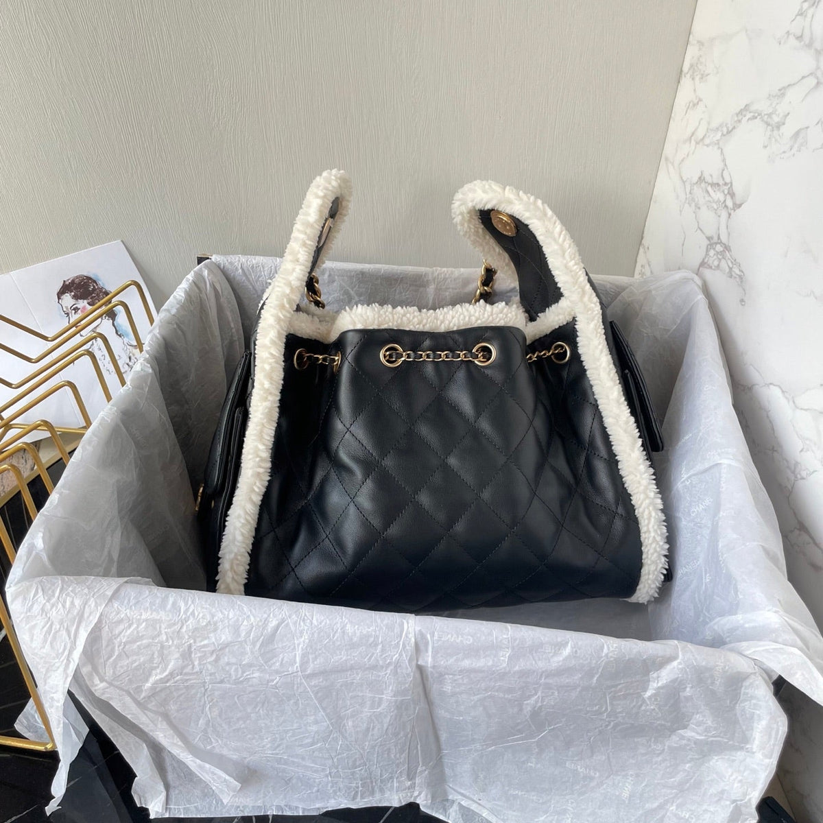 CC 25C Hobo Bag 30cm Black White Lambskin Gold Hardware
