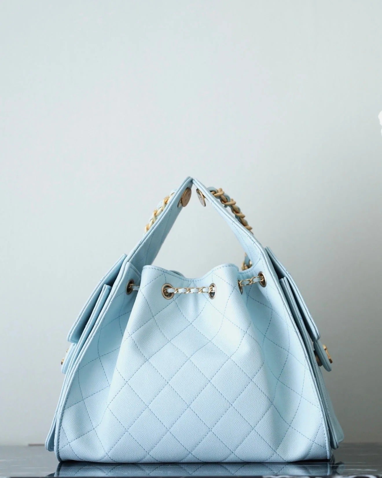 CHANEL 25S HOBO BAG 30 CM IN PASTEL BLUE LAMBSKIN WITH GOLD HARDWARE