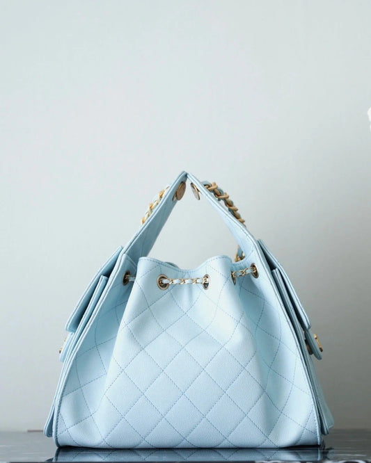 CHANEL 25S HOBO BAG 30 CM IN PASTEL BLUE LAMBSKIN WITH GOLD HARDWARE