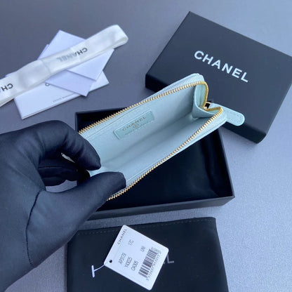 Chanel 2026 Quilted Card Holder 13cm Light Blue Grained Calfskin