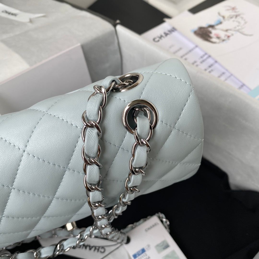Medium Classic Flap Bag 23cm Light Blue Lambskin Silver Hardware